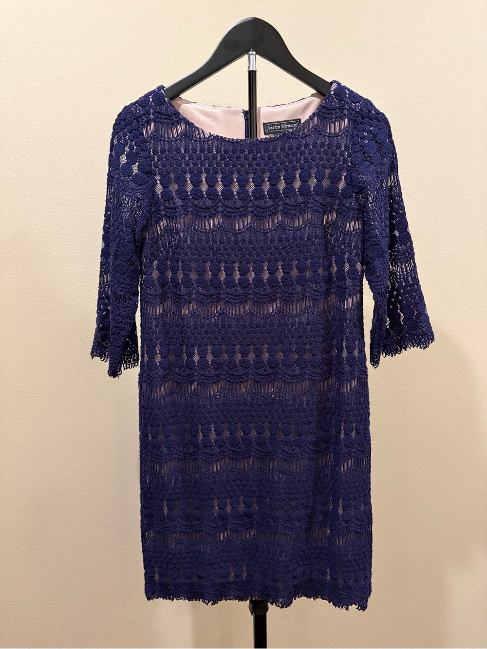 Jessica Howard Petite Navy Blue Geometric Lace Sheath Dress Nude Lining, Size 6P